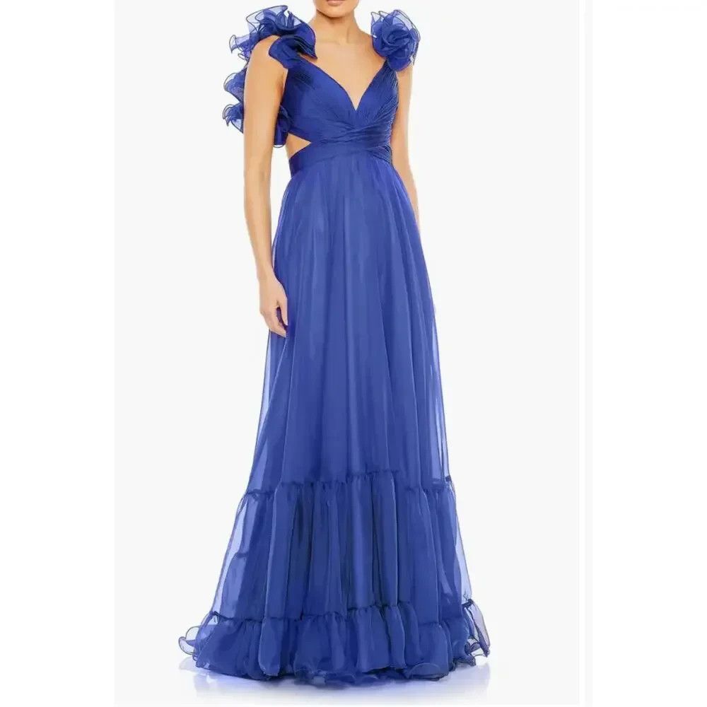 NWT MAC DUGGAL RUFFLE TIERED CUT OUT CHIFFON LONG GOWN 67911 SZ 8 BLUE